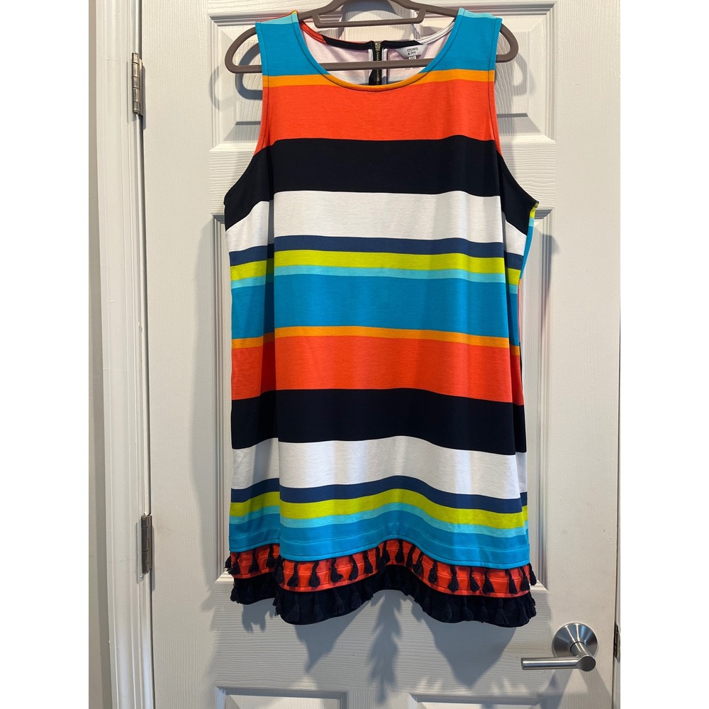 Crown & Ivy Womens XXL Striped Tassel Hem Sleeveless Shift Dress Multi Color